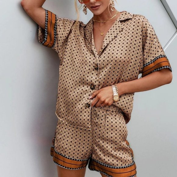Tan Boho Allover Print Blouse & Paperbag Waist Shorts Set coord set - Picture 4 of 5